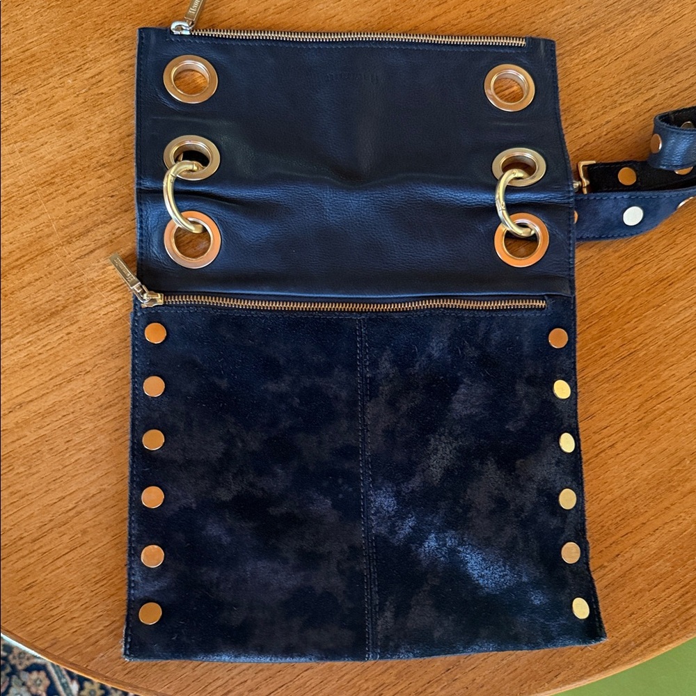 Hammitt Black and Gold Stud Shoulder Bag. Pebble leather reversible to suede